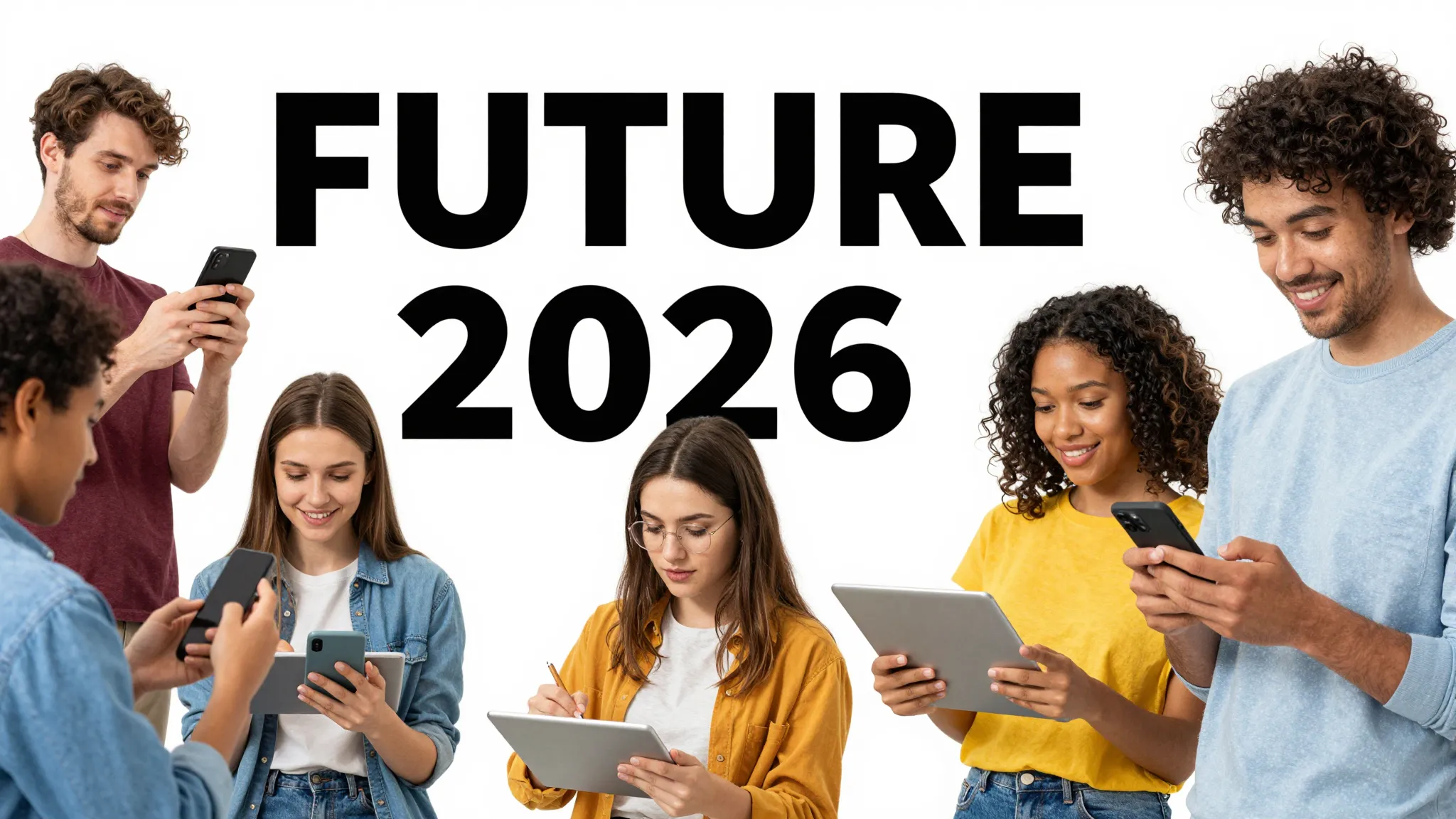 A bright, optimistic poster with the text 'FUTURE 2026'. A d...