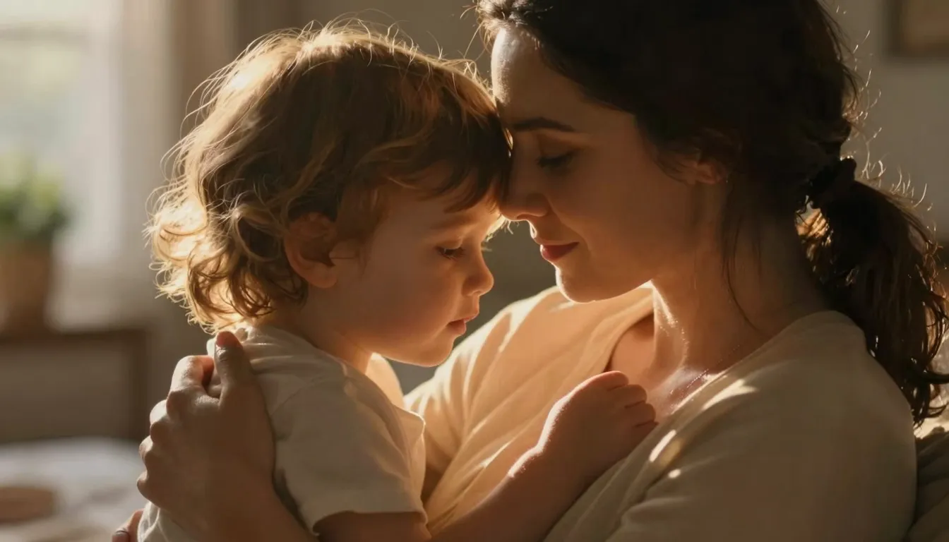 A tender and emotional scene of a mother gently hugging her ...