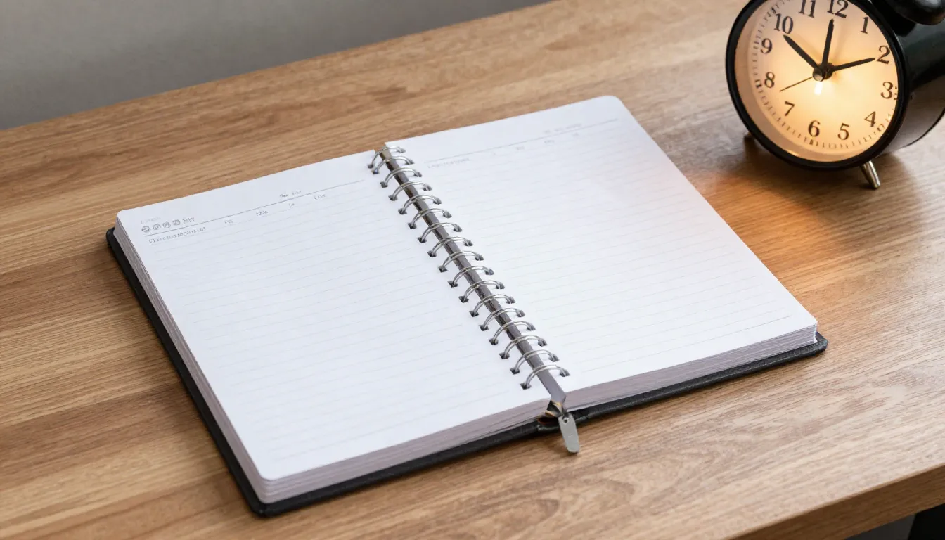 A stylish digital planner on a wooden table with a clock sho...