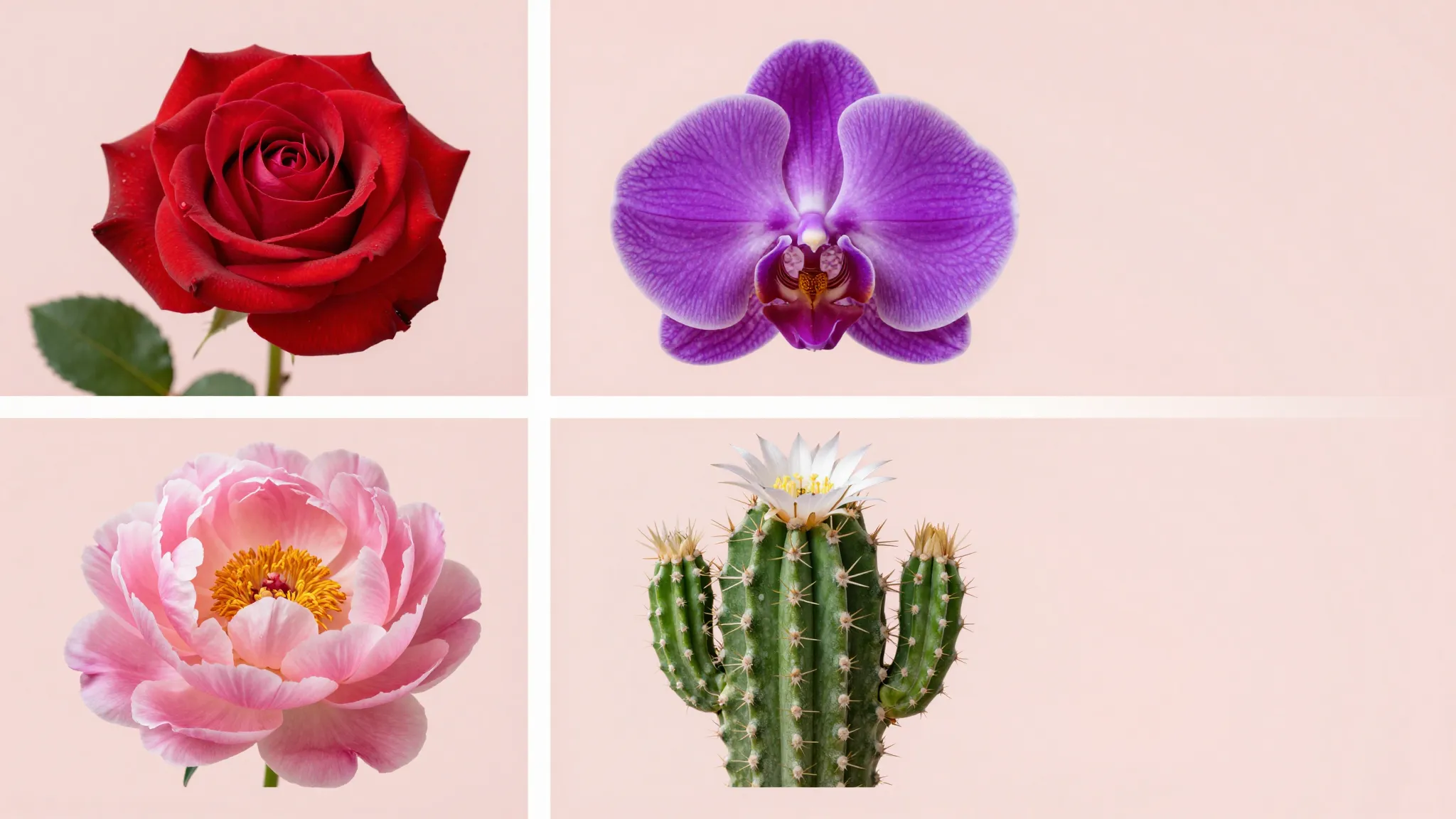 A collage of four flowers: a red rose, a purple orchid, a pi...