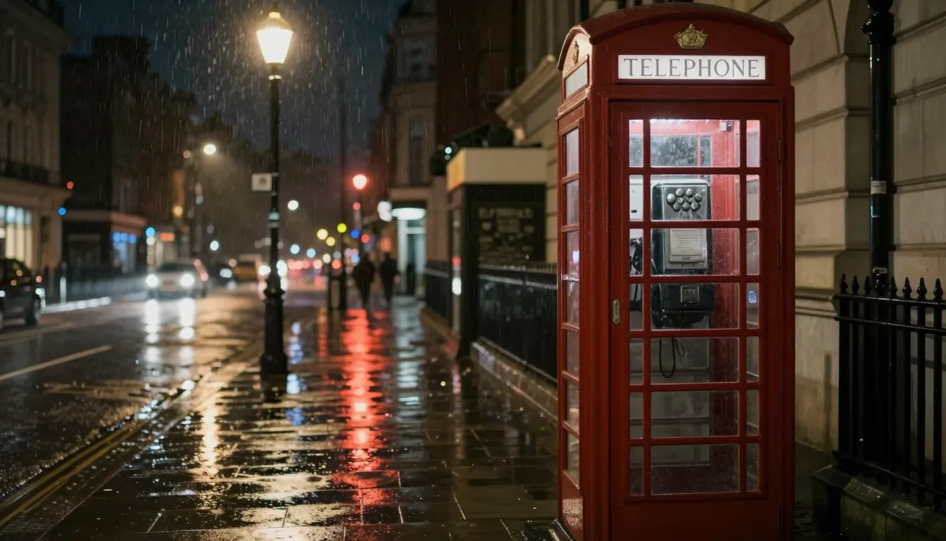 A nostalgic scene of a rainy city street at night, glowing s...