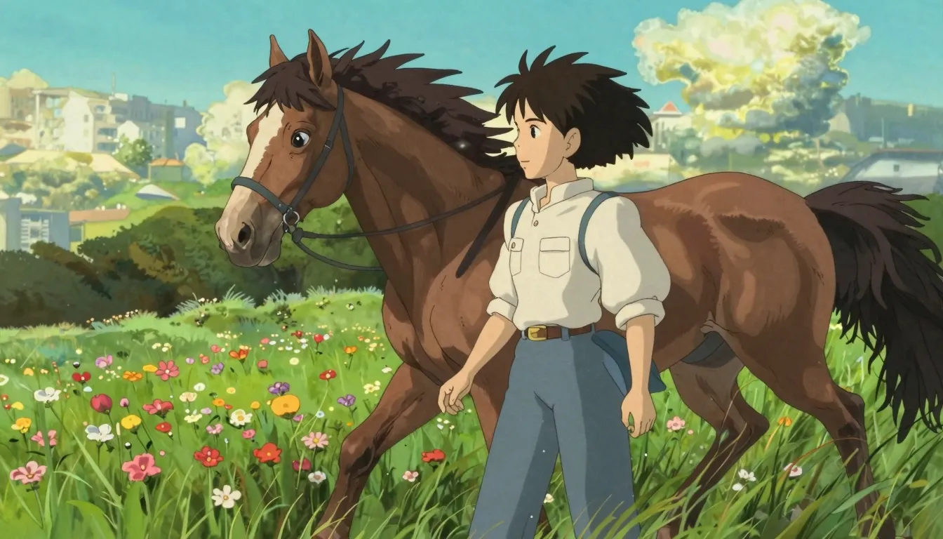 High-quality anime art, a person and a beautiful horse walki...