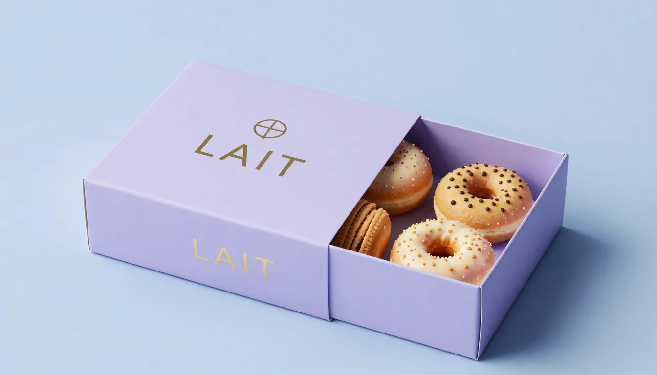 Luxury dessert packaging design, pastel lavender and soft bl...