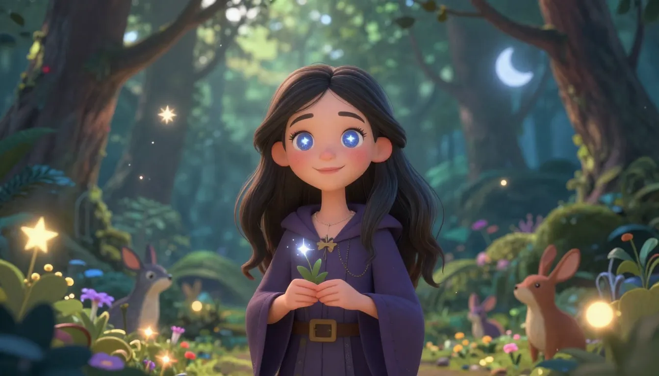 A beautiful, kind-hearted witch with a serene expression, st...