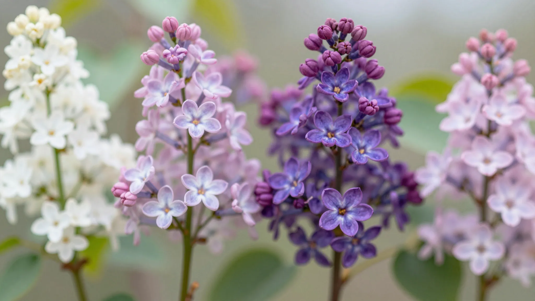 A beautiful close-up of four different lilac branches: white...
