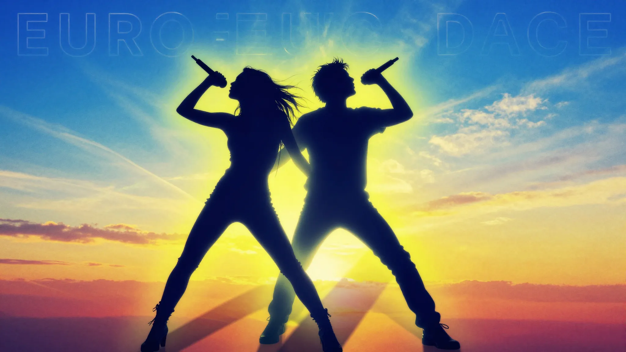 Vibrant 90s style eurodance album cover, sunrise background,...