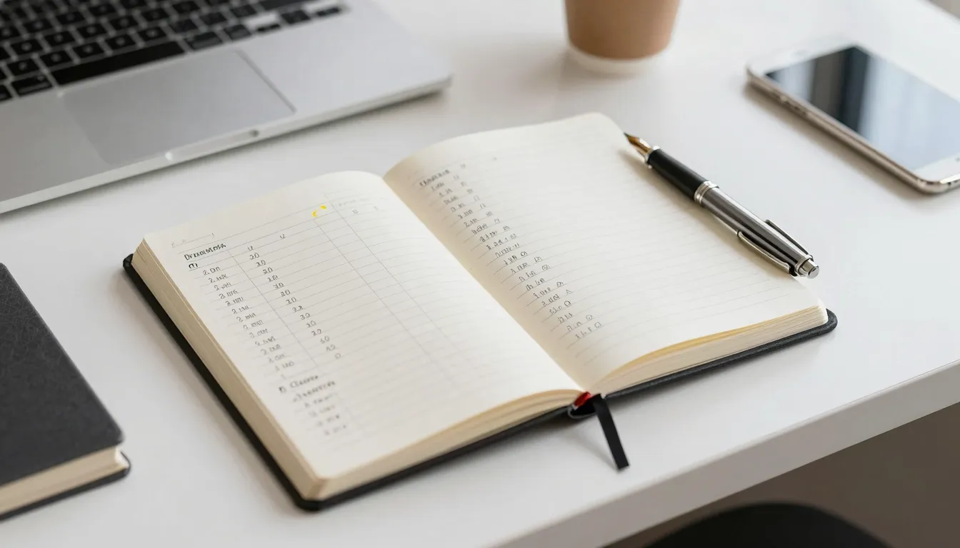 A clean, modern office desk with a notebook showing organize...