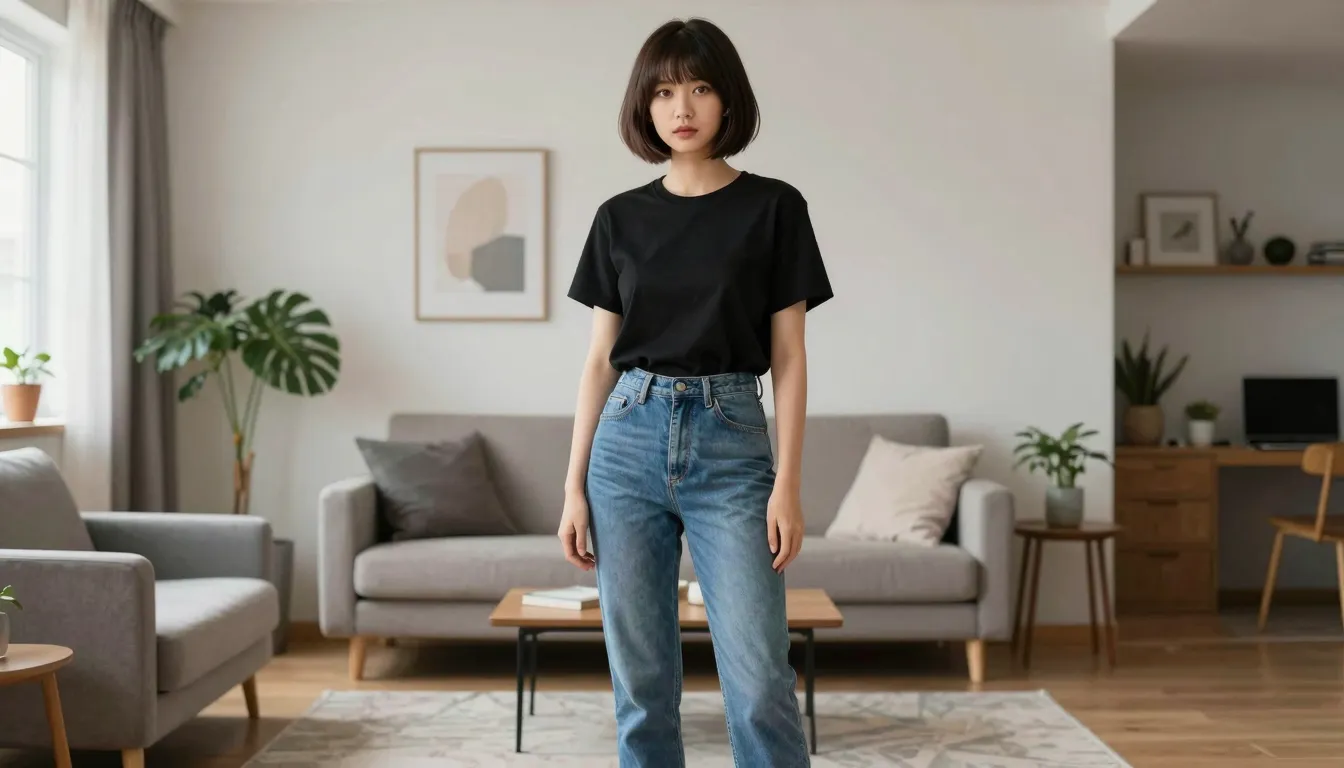 Stage 1: Full body shot of a young woman with a unique tripl...