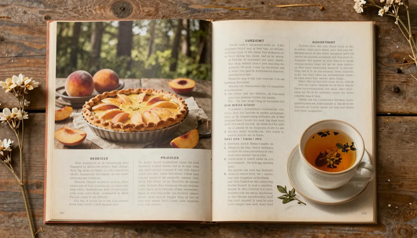 Magazine spread layout, rustic kitchen scene, recipe for pea...