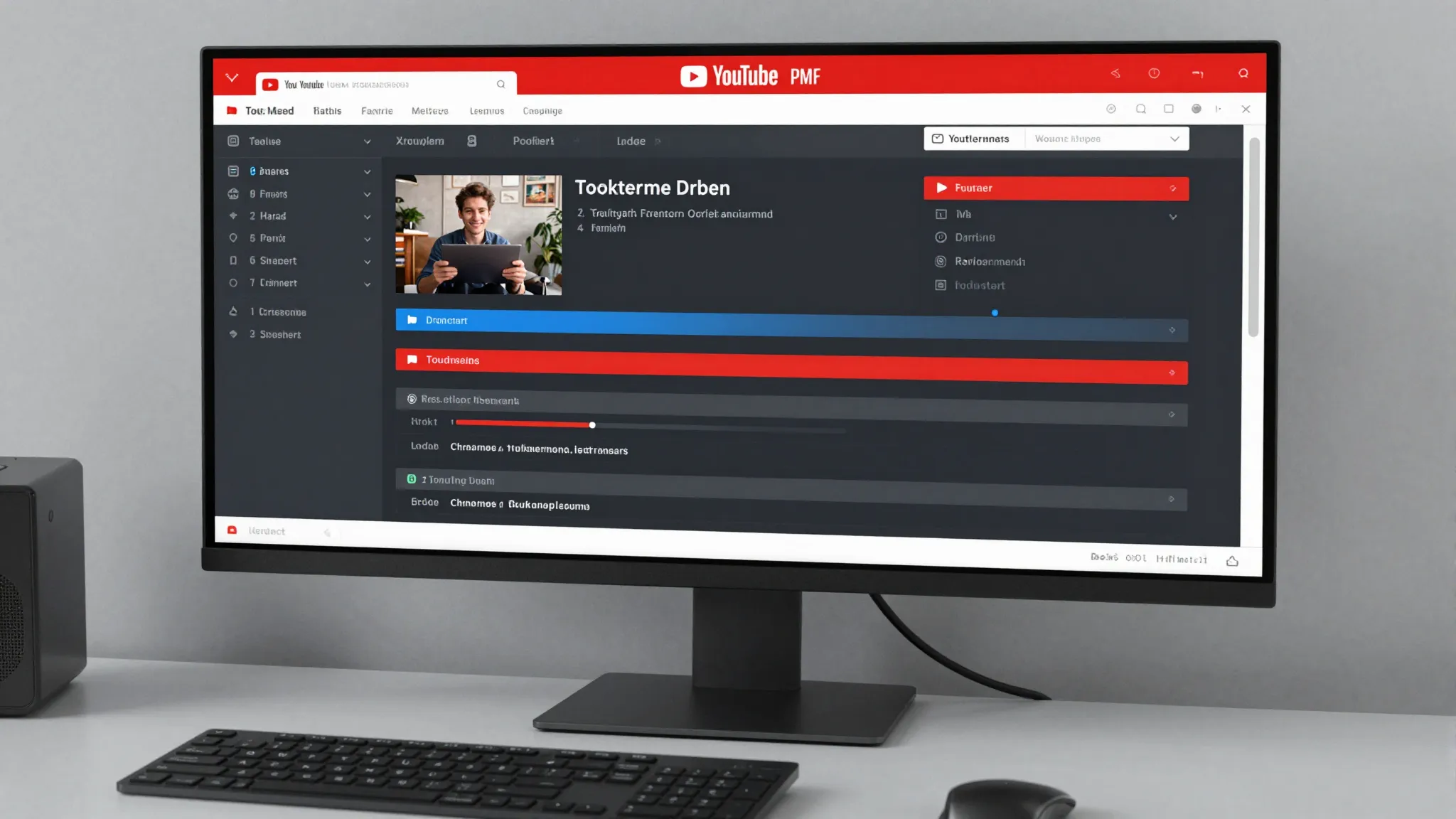 A professional YouTube Studio dashboard on a large monitor, ...