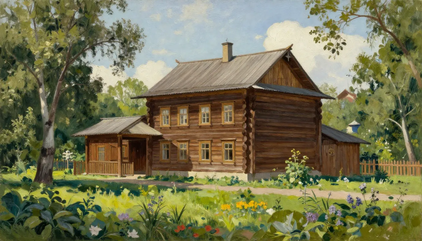 Traditional Russian wooden manor in a lush garden, Moscow re...