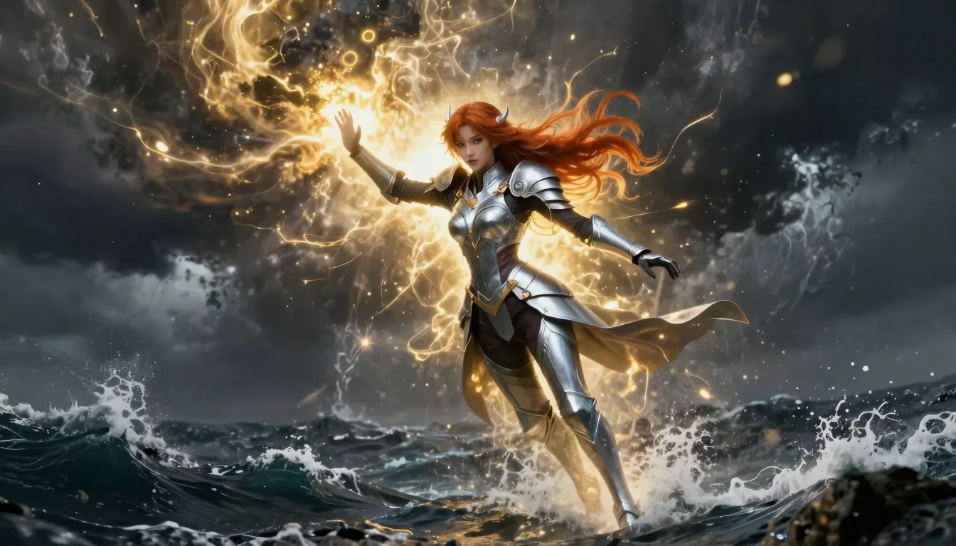 Lida as a cosmic guardian, ginger hair and green almond-shap...