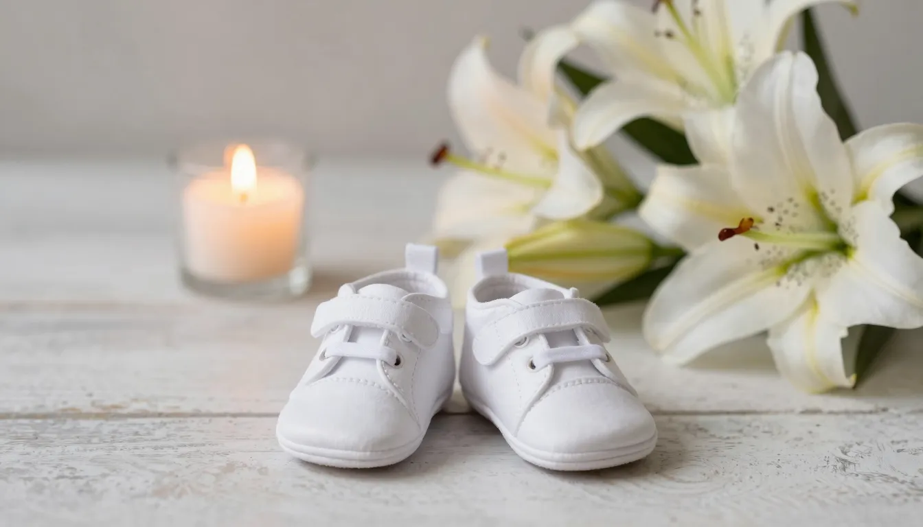 A pair of tiny white baby shoes next to a bouquet of soft li...