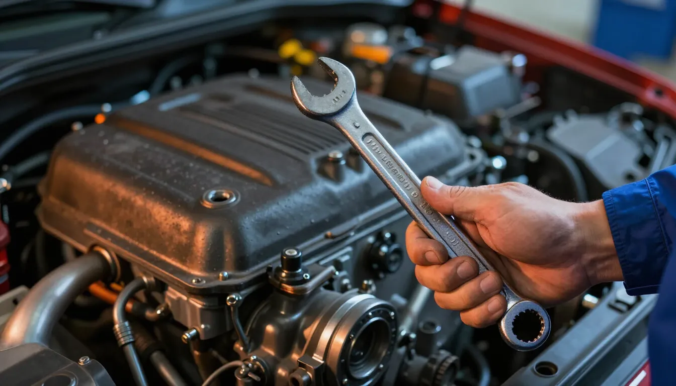 A close-up of a mechanic's hand holding a wrench next to a p...