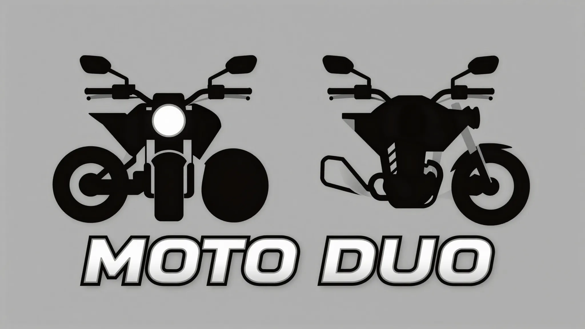Symmetrical logo design for 'MOTO DUO', two stylized motorcy...