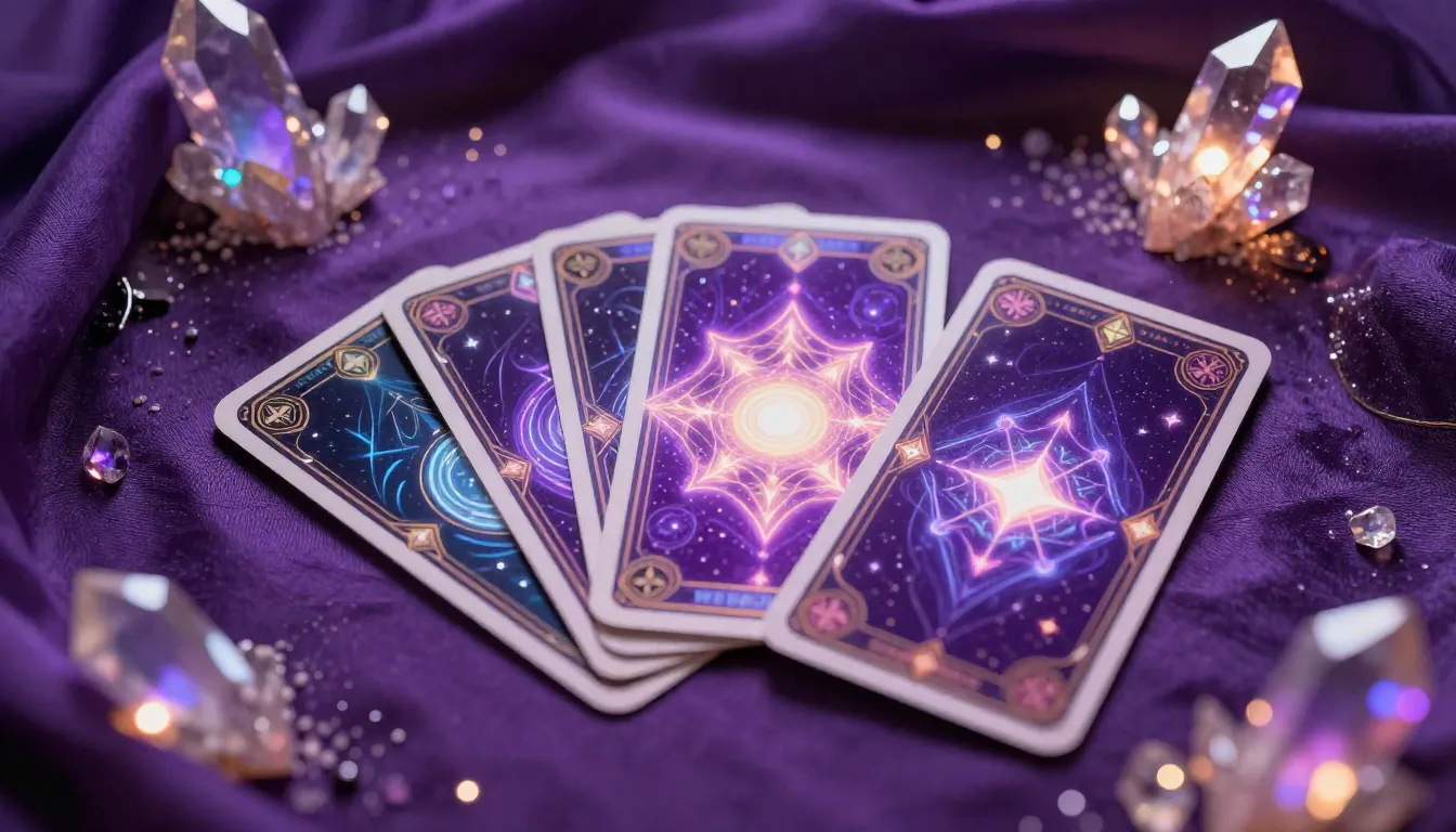 Mystical tarot cards with glowing neon patterns on purple si...