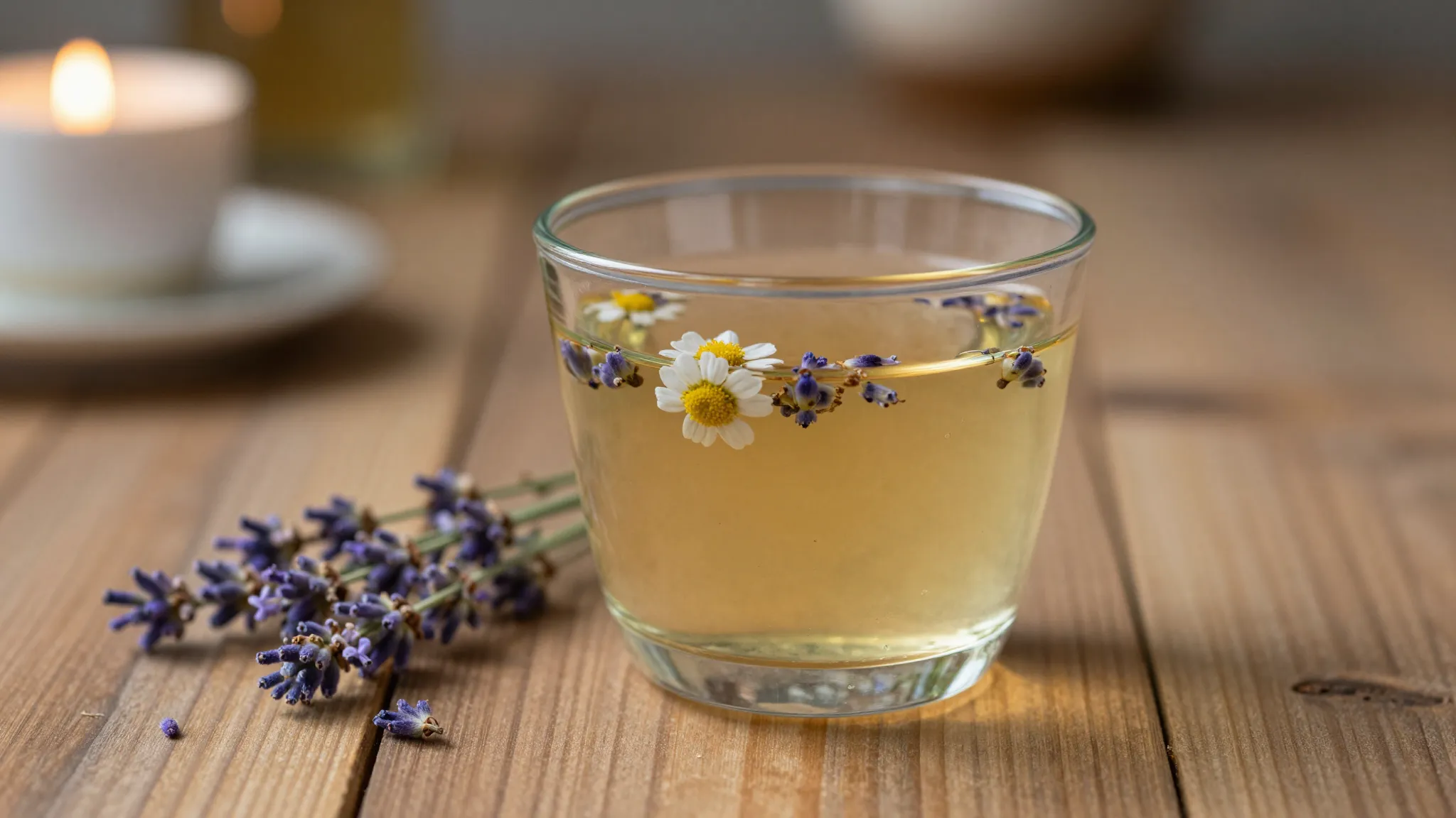 A glass of herbal tea with lavender and chamomile on a woode...