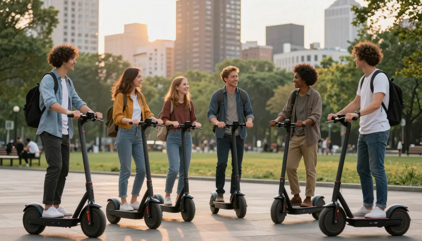 A group of diverse people with electric unicycles standing i...