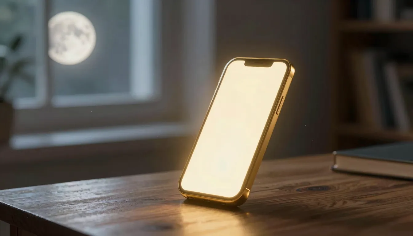 A glowing golden phone on a wooden table next to a window wi...