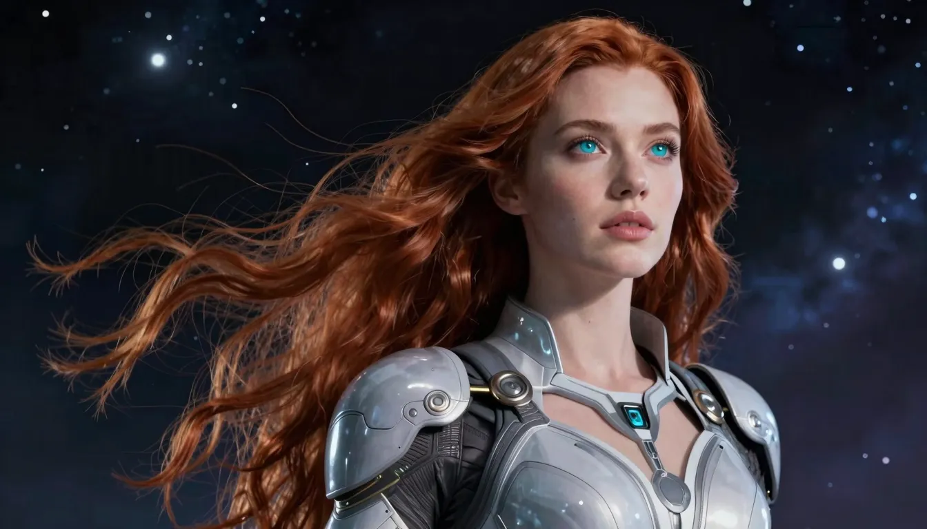 A powerful 20-year-old woman with long auburn hair floating ...