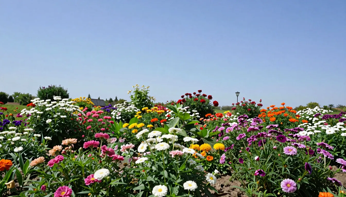 A peaceful garden with blooming flowers and a clear blue sky...