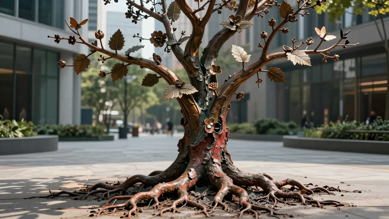 A bronze sculpture installation, standing in a modern city p...