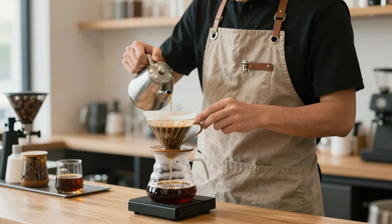 A professional barista in a clean apron carefully preparing ...