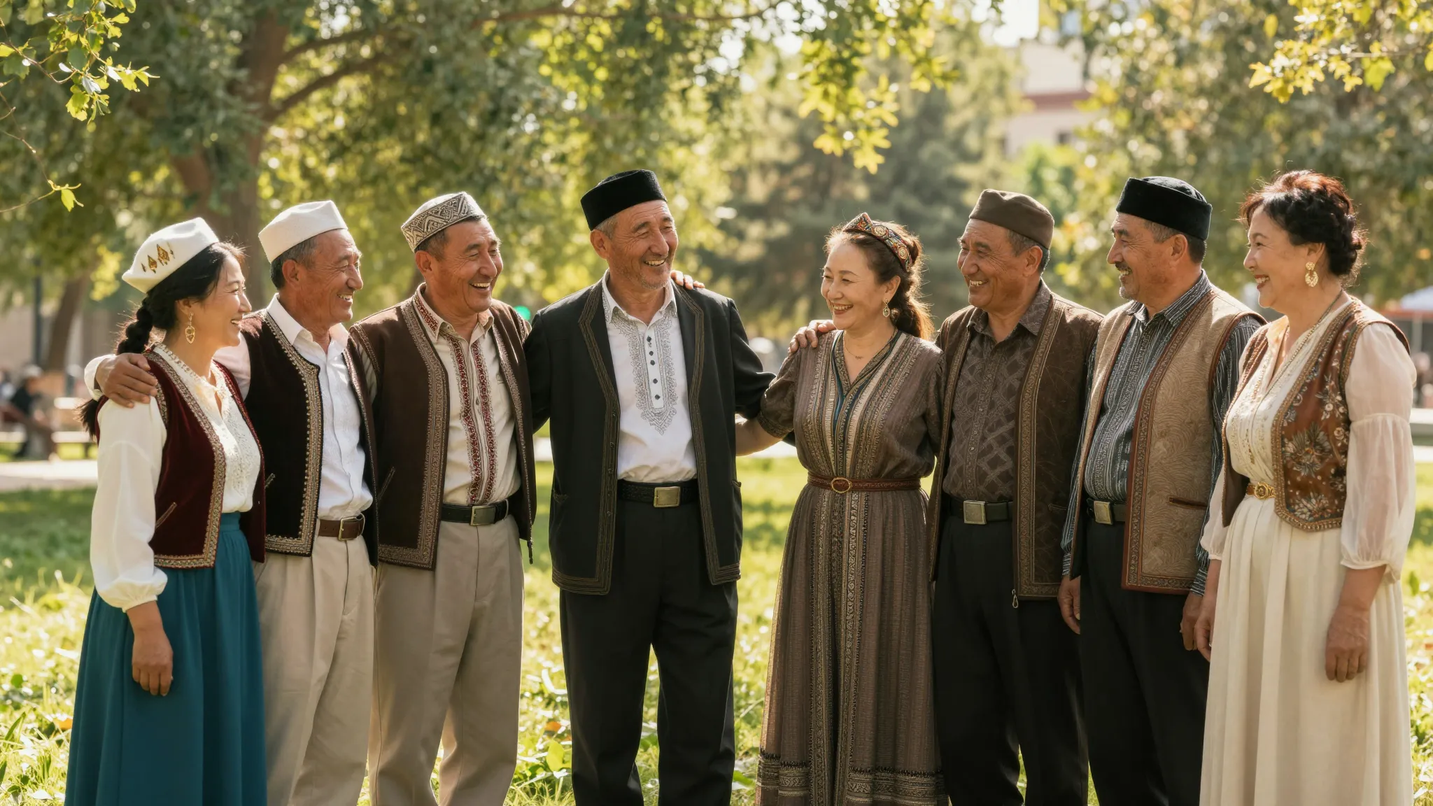 A group of happy Kyrgyz people in traditional and modern clo...