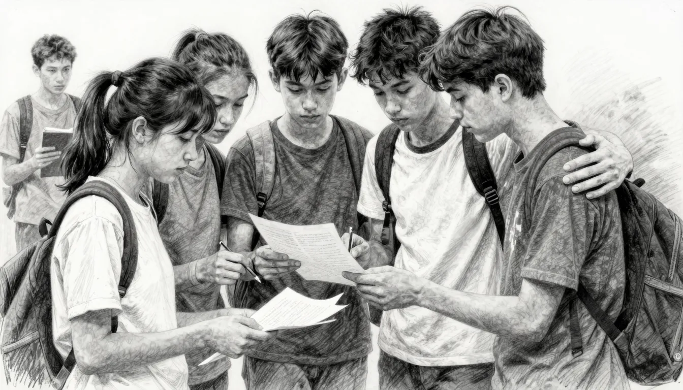 Detailed pencil sketch, black and white, group of teenagers ...
