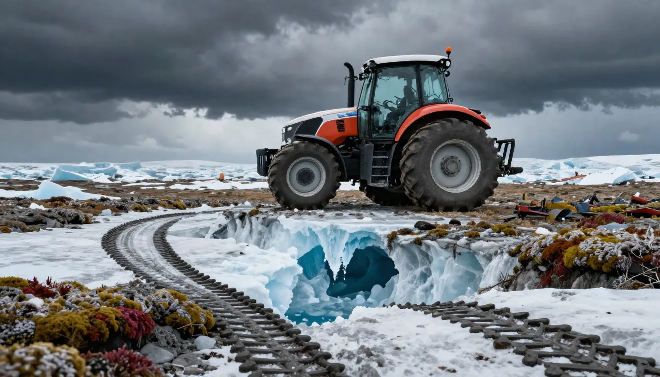 A dramatic conceptual illustration of a modern tractor stand...