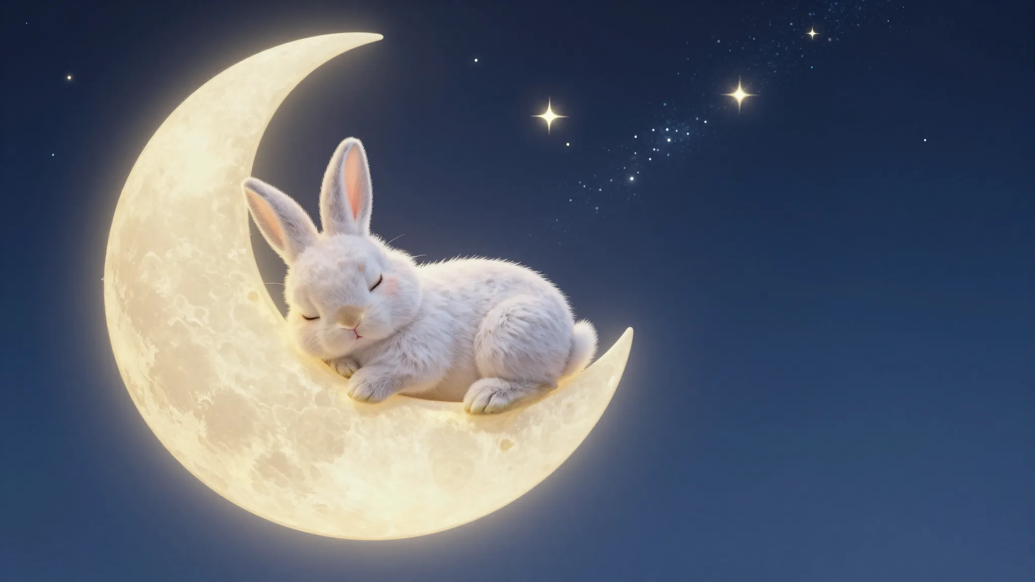 A tiny adorable bunny sleeping on a giant soft moon in a sta...