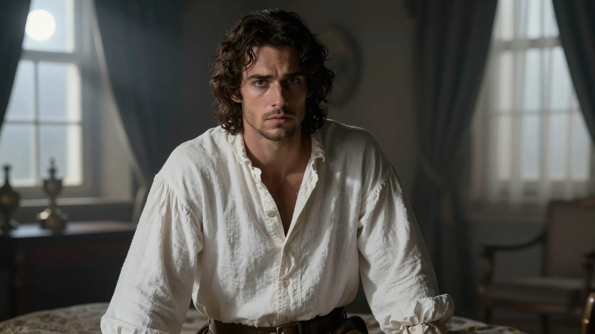 A handsome nobleman with dark hair and intense eyes, wearing...