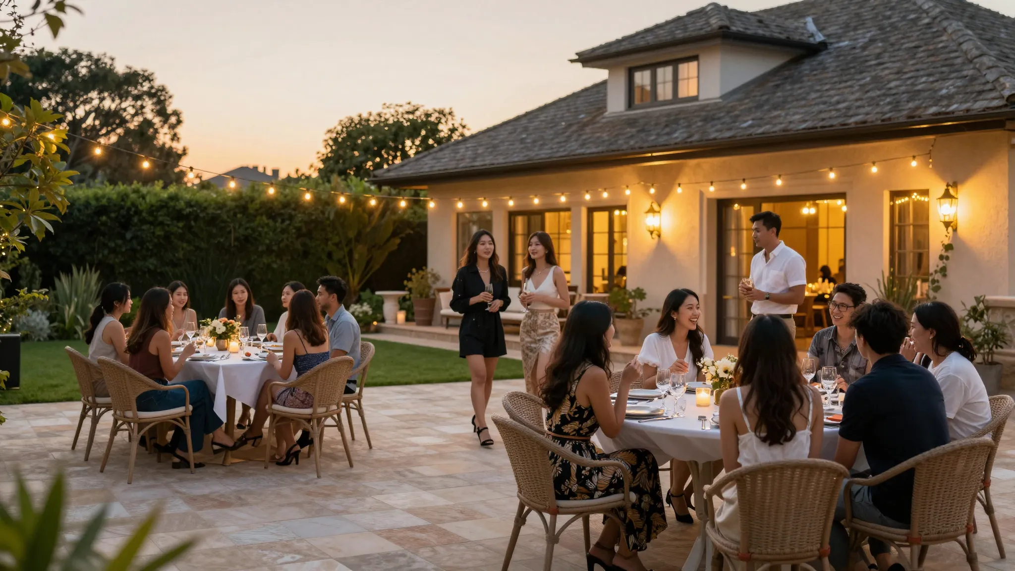 A luxurious private house courtyard at sunset, elegant outdo...