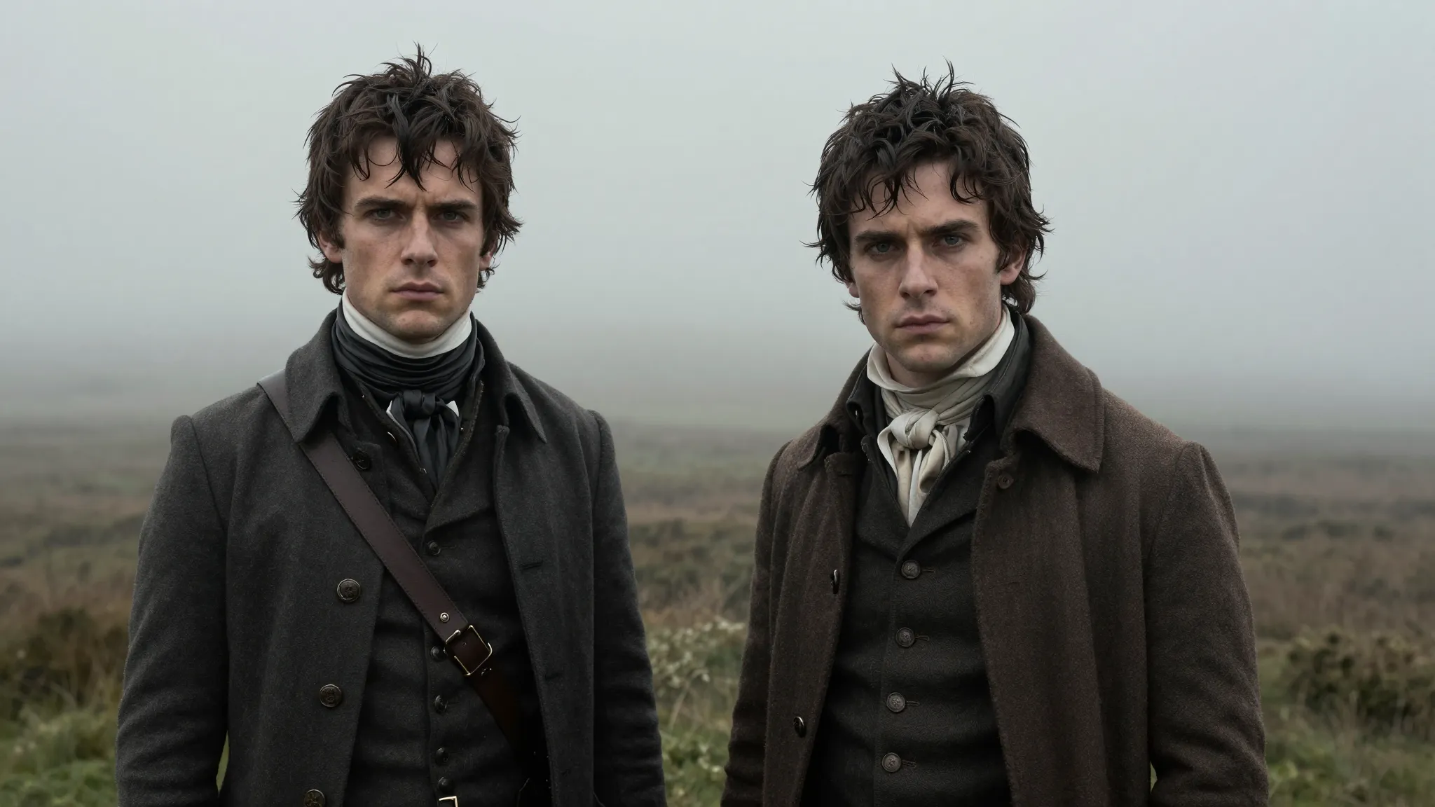 Two identical twin brothers with dark hair and intense gazes...