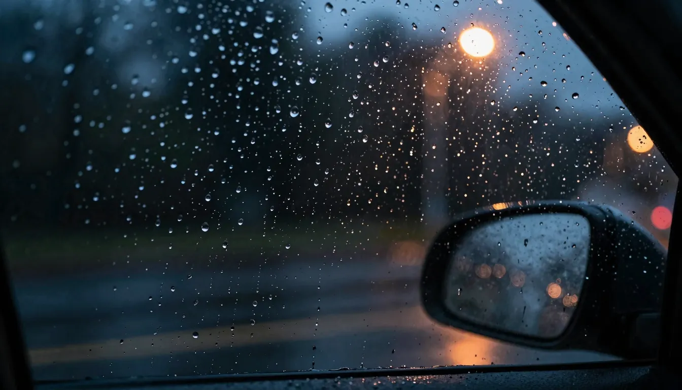 Close-up of raindrops sliding down a car window, interior vi...