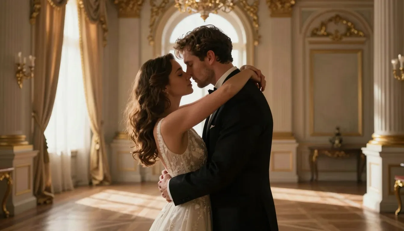 A romantic couple embracing passionately in a grand, sunlit ...