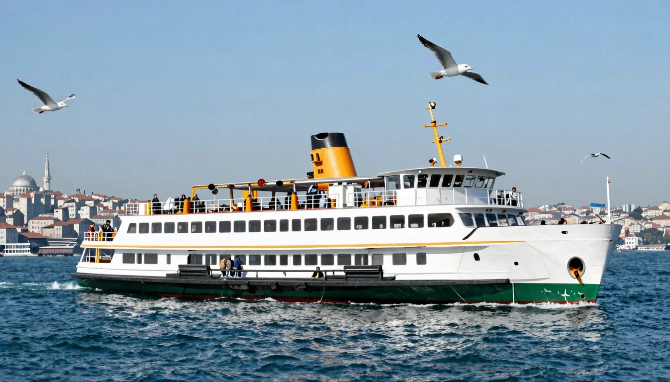 A white ferry boat crossing the blue sea in Istanbul with se...