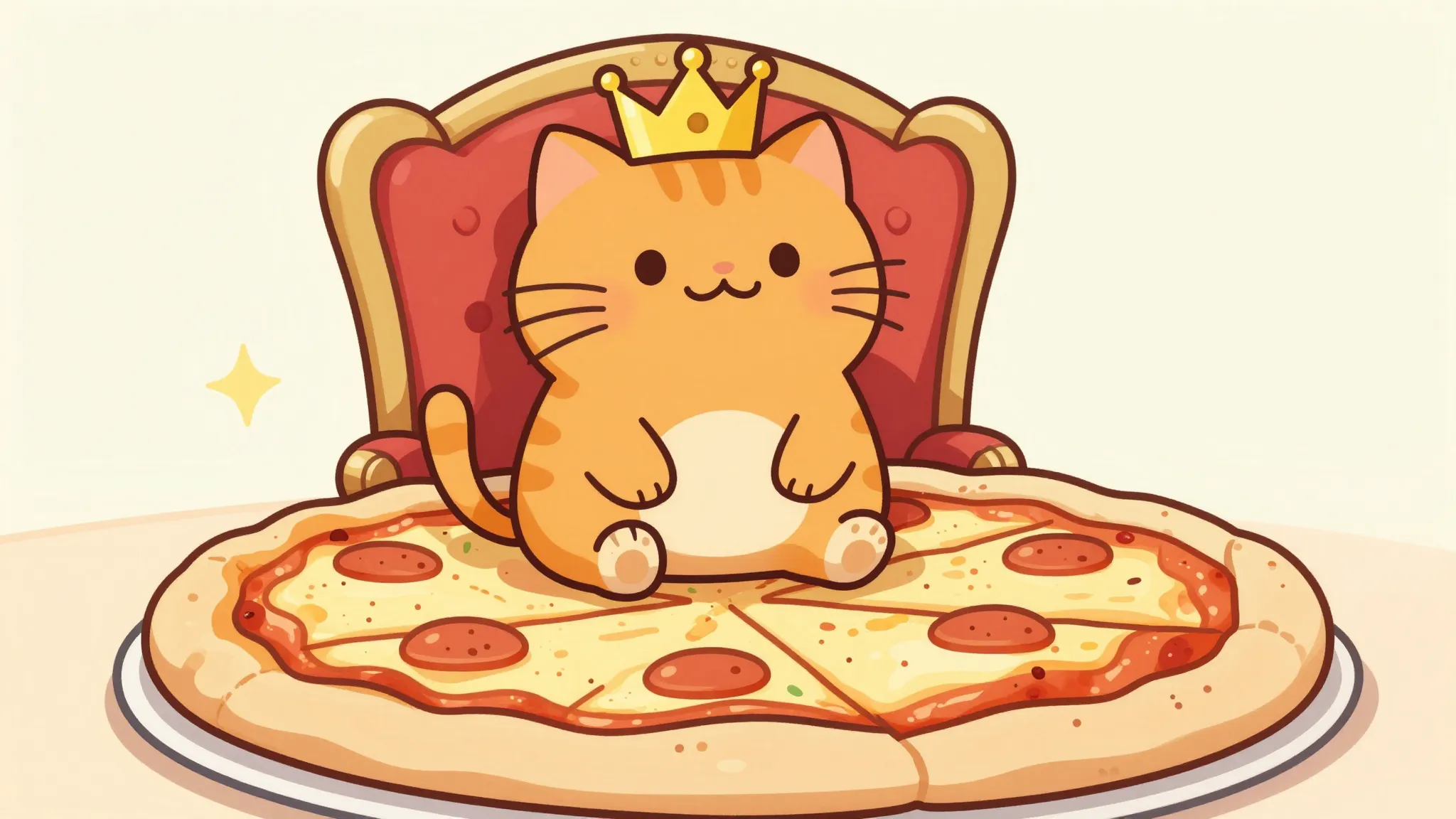 A funny cartoon orange cat wearing a tiny crown, sitting on ...