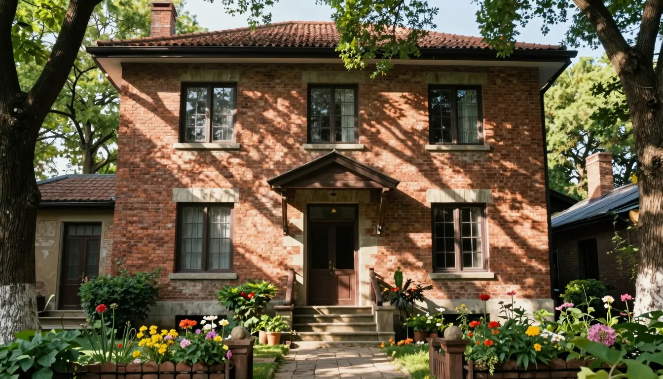 A picturesque view of a two-story old brick house with an op...