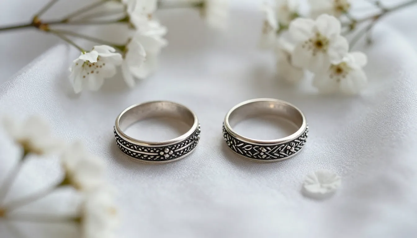 Two traditional Kyrgyz silver rings on a silk fabric, surrou...