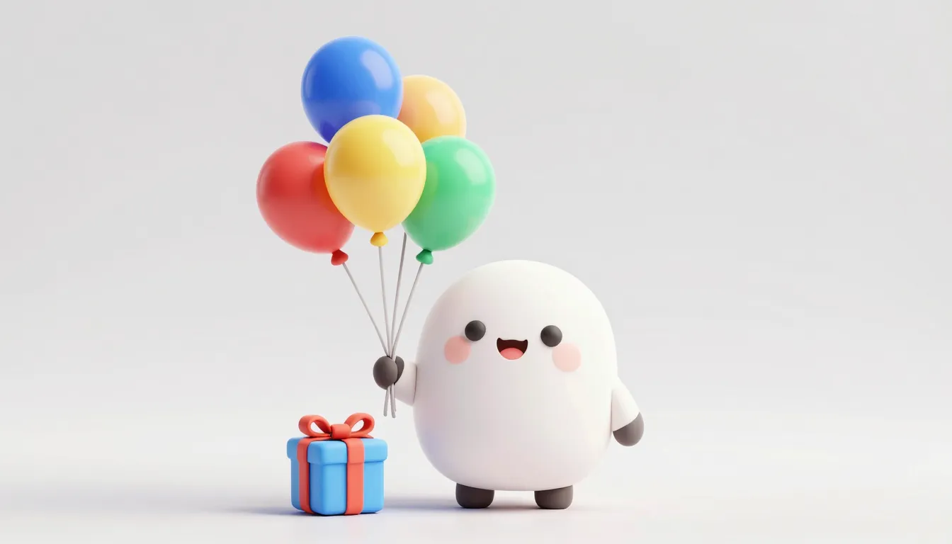 Cute 3D stylized character holding a bunch of bright balloon...