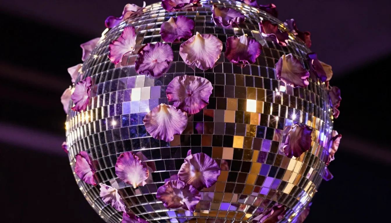 Close up of a disco ball made of flower petals, sparkling un...