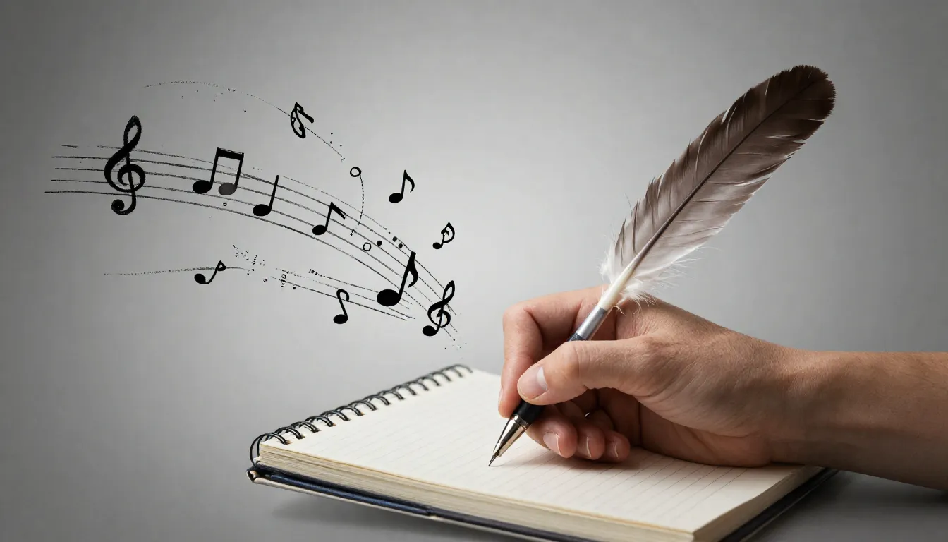 A person writing in a notebook with a quill pen, surrounded ...