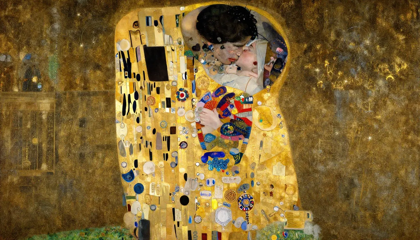 A painting by Gustav Klimt, 'The Kiss', with its golden hues...