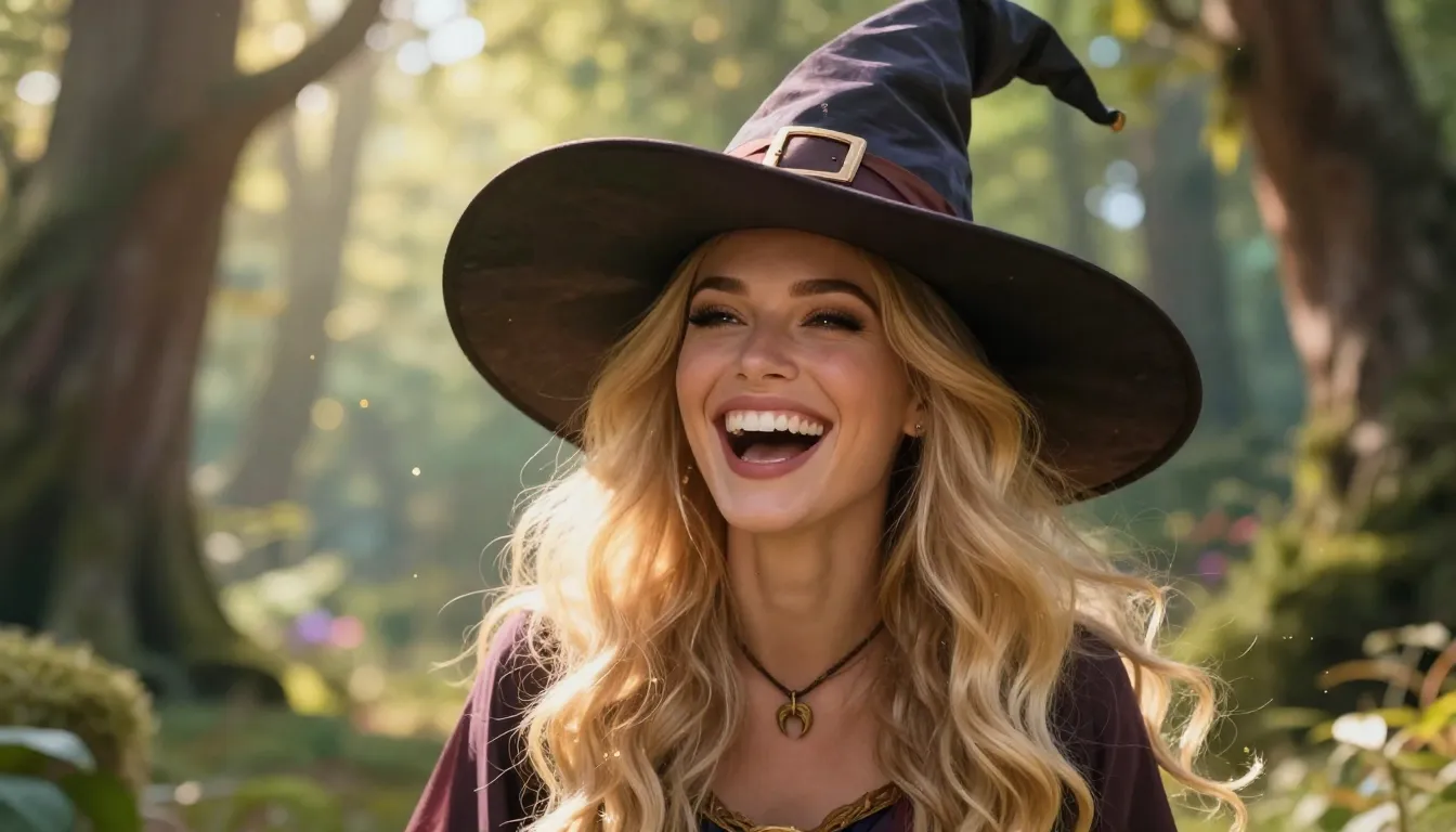 A beautiful smiling witch with long blonde hair, wearing a s...