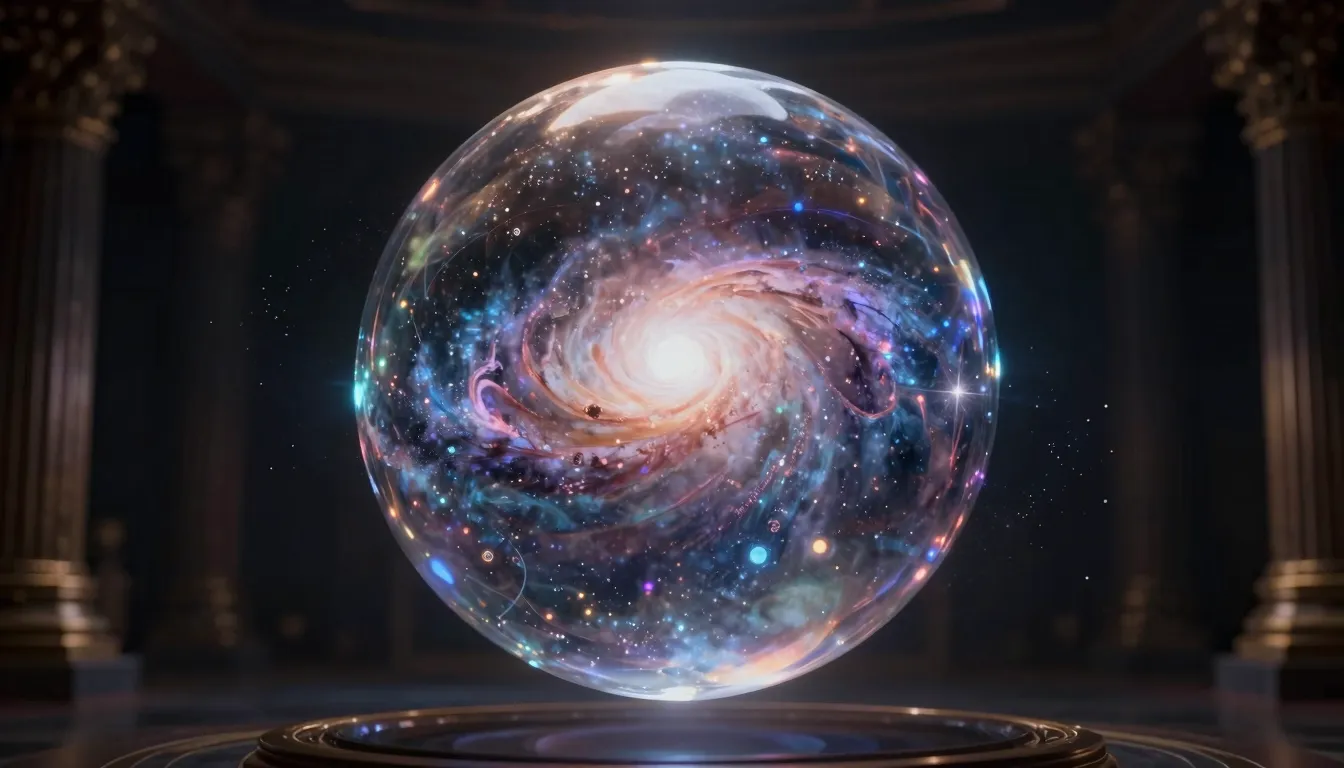 A mystical crystal sphere floating in the center of a dark r...