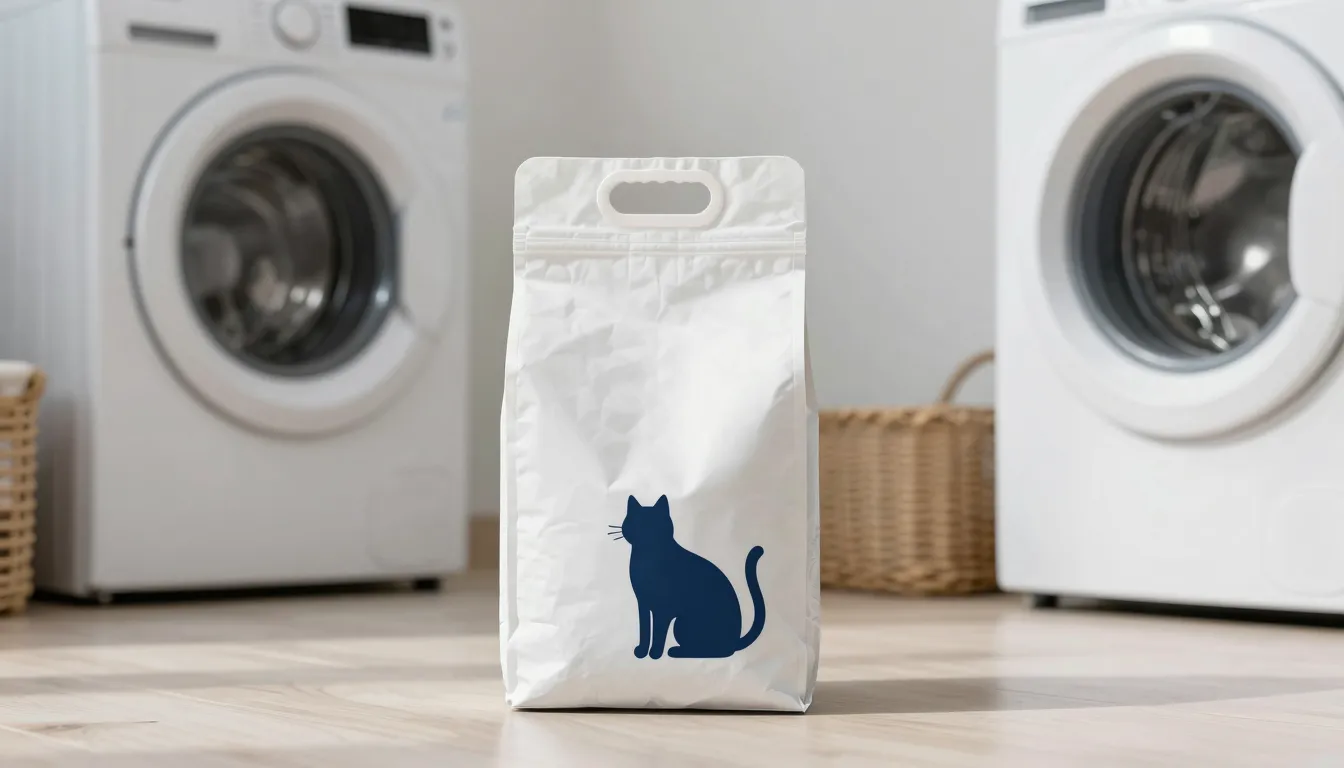Premium packaging design for cat litter, minimalist style, w...