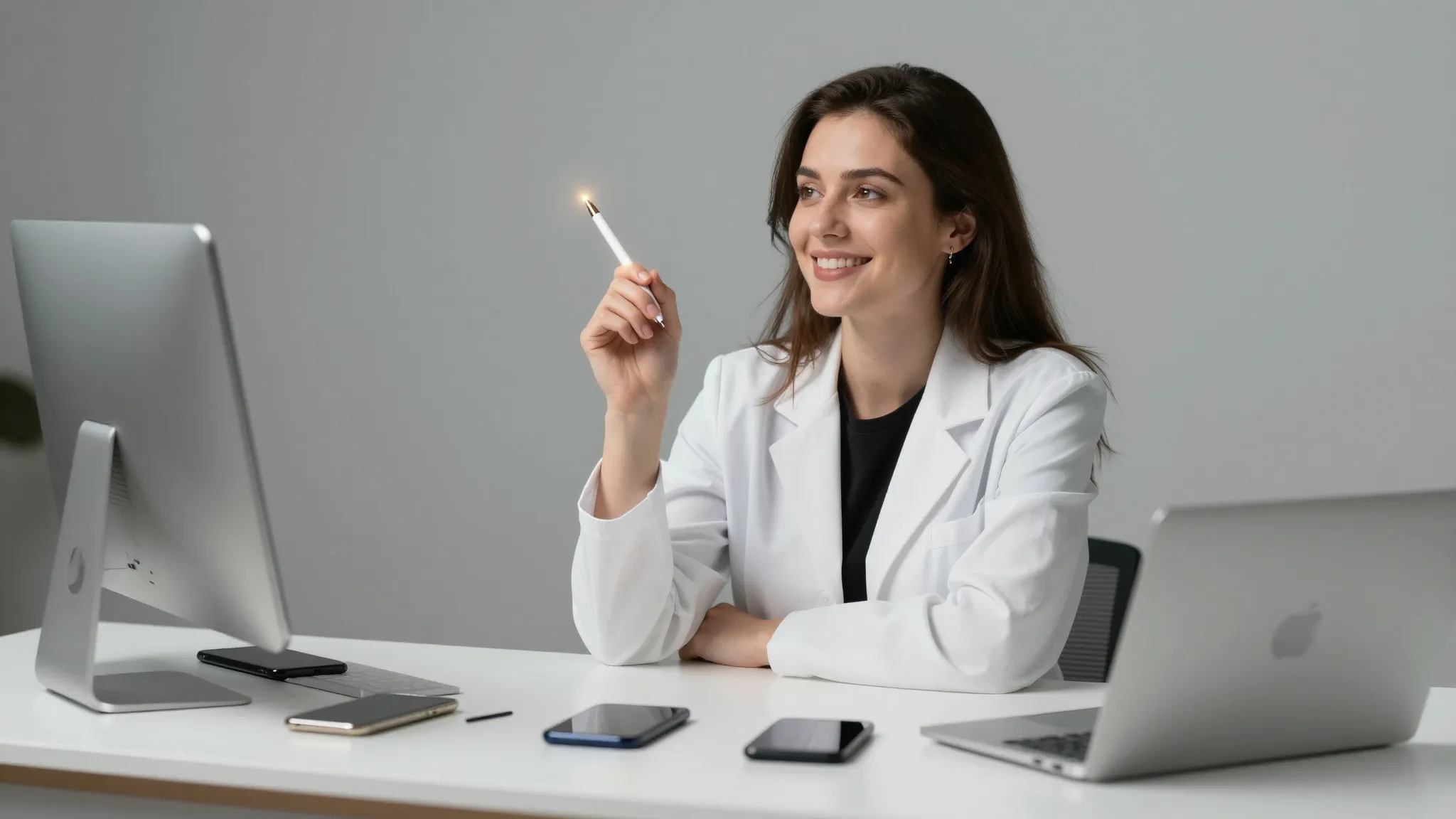 A friendly female expert with a glowing pen sitting at a mod...