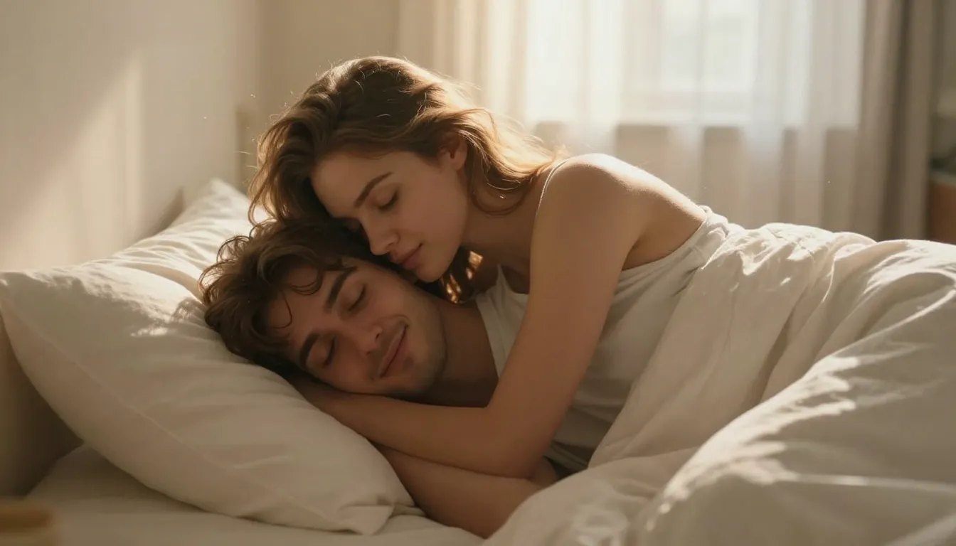 A tender morning scene in a sun-drenched bedroom. A beautifu...