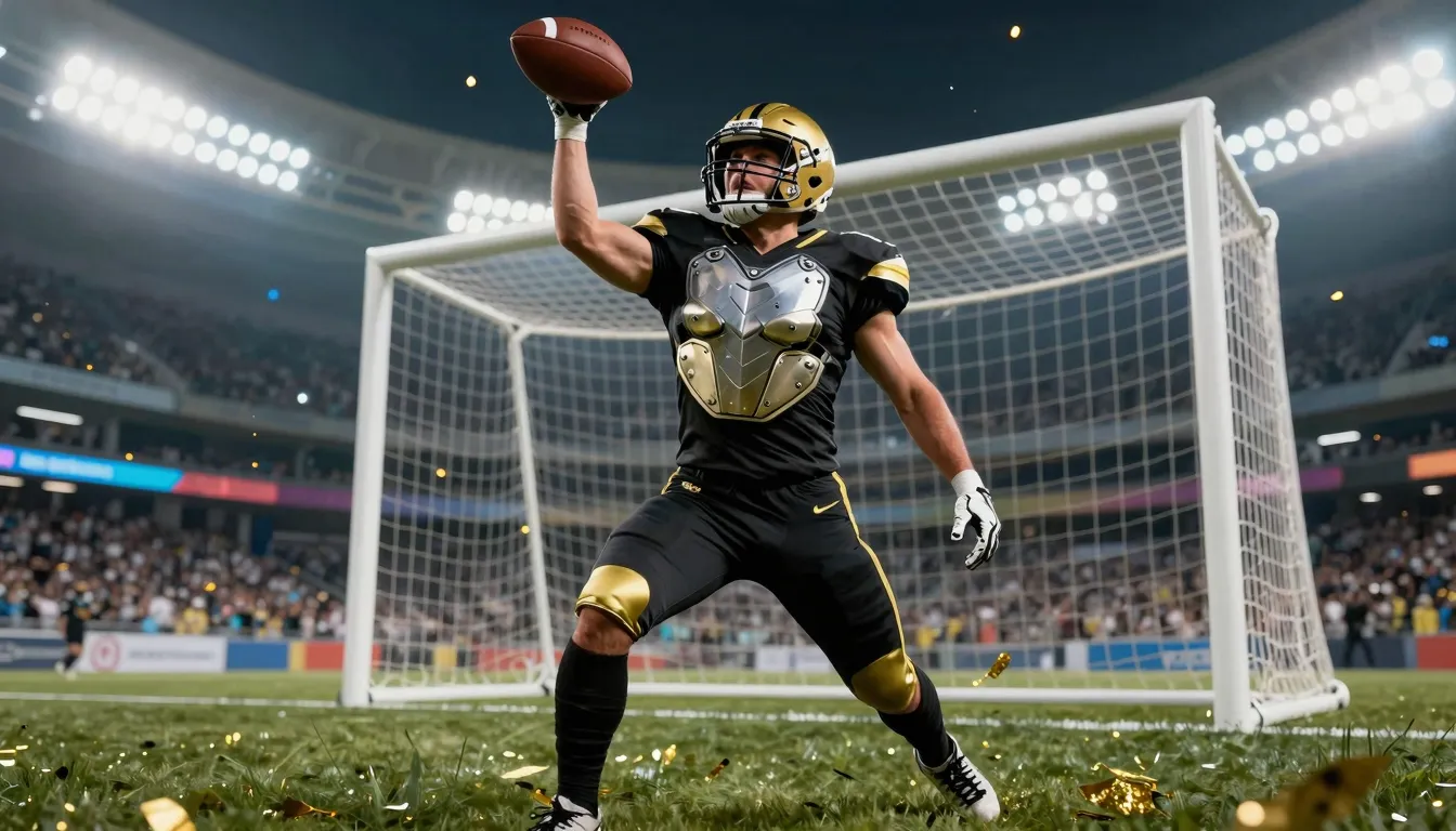 A football player in a premium black and gold uniform with a...